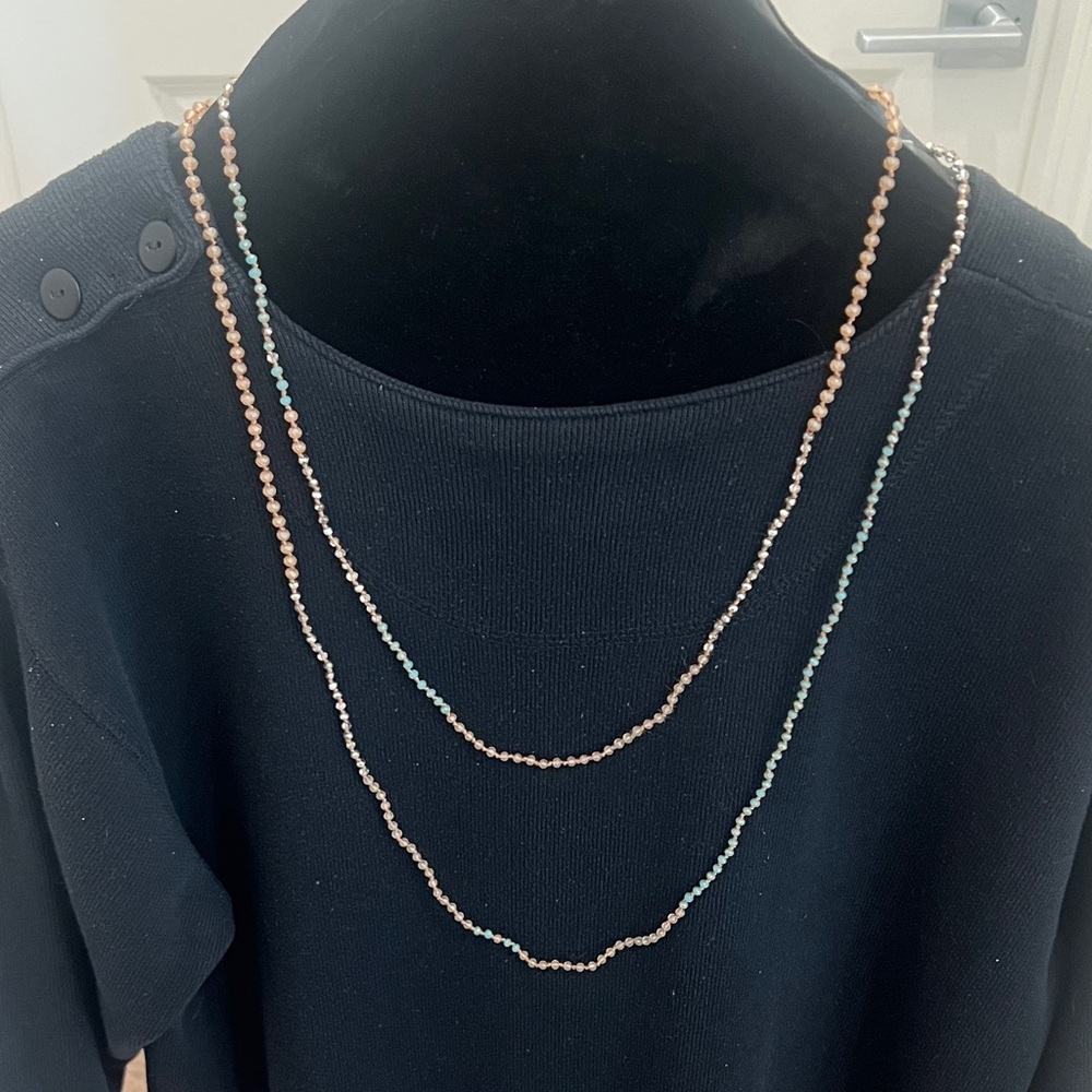 Delicate Beaded Necklace in Rose Gold and Pale Blue.